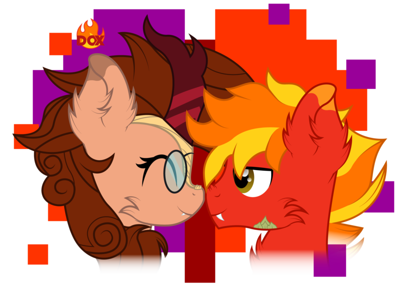 Size: 2136x1560 | Tagged: safe, artist:ragedox, derpibooru import, oc, oc:blazing smart, oc:ragedox, unofficial characters only, hybrid, kirin, pegasus, pony, boop, brown mane, couple, couples, fangs, glasses, happy, image, kirin oc, mane of fire, pink eyes, png, red body, scales, simple background, transparent background