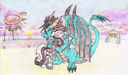 Size: 2071x1210 | Tagged: safe, artist:grimmyweirdy, derpibooru import, oc, oc:corrovire, oc:grim w. stripes, dragon, zebra, comic:grims weird adventures, airship, cloud, dock, dragon oc, friends, hat, hug, image, jpeg, ocean, portal, sunset, video game crossover, zebra oc