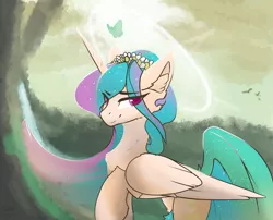 Size: 4523x3650 | Tagged: safe, artist:therealf1rebird, derpibooru import, princess celestia, alicorn, butterfly, insect, pony, chest fluff, eye clipping through hair, female, flower, flower in hair, forest, horn, image, looking back, mare, png, raised hoof, solo, tree, wings