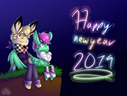 Size: 1600x1200 | Tagged: safe, artist:chu-and-sparky-127, derpibooru import, oc, oc:firework spark, anthro, digitigrade anthro, pegasus, pikachu, pony, anthro with ponies, chest fluff, clothes, duo, female, furry, happy new year 2019, image, looking up, lying down, mare, neckerchief, night, pants, pegasus oc, png, pokémon, prone, stars, wings