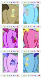 Size: 440x833 | Tagged: safe, derpibooru import, screencap, berry punch, berryshine, cherry berry, doctor whooves, linky, minuette, sea swirl, seafoam, shoeshine, time turner, earth pony, pony, unicorn, derpibooru, twibooru, a flurry of emotions, a royal problem, trade ya, berry butt, butt, butt only, cherryplot, cropped, female, image, juxtaposition, male, meta, pictures of butts, plot, png, stallion, wall of butts