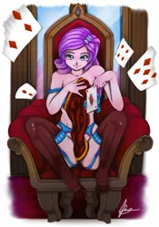 Size: 1280x1833 | Tagged: suggestive, artist:jennobasilicum, derpibooru import, rarity, equestria girls, alternate hairstyle, blue underwear, bra, breasts, card, clothes, covering, eyeshadow, female, image, jpeg, makeup, panties, playing card, socks, solo, solo female, stocking feet, stockings, strategically covered, thigh highs, throne, underwear