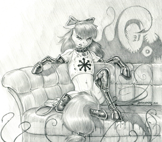 Size: 1400x1230 | Tagged: grimdark, artist:baron engel, derpibooru import, apple bloom, earth pony, pony, chaos, clothes, collar, female, filly, image, jpeg, monochrome, pencil drawing, shirt, socks, solo, story included, straw in mouth, thigh highs, traditional art