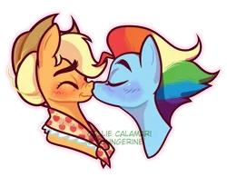 Size: 885x692 | Tagged: safe, artist:collie-calamari, derpibooru import, applejack, rainbow dash, earth pony, pegasus, pony, the last problem, appledash, blushing, bust, clothes, eyes closed, female, granny smith's shawl, image, kissing, lesbian, nose wrinkle, older, older applejack, older rainbow dash, png, scarf, shipping, simple background, transparent background, watermark