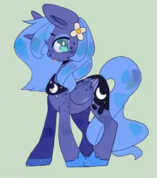 Size: 1408x1600 | Tagged: safe, artist:kurochaann, derpibooru import, princess luna, alicorn, pony, cute, female, flower, flower in hair, freckles, green background, hoof shoes, image, jpeg, looking at you, lunabetes, mare, open mouth, profile, s1 luna, simple background, solo