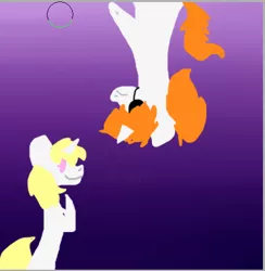 Size: 380x389 | Tagged: safe, artist:pawstheartest, derpibooru import, oc, unofficial characters only, pony, unicorn, bipedal, duo, eyepatch, gradient background, horn, image, png, smiling, unicorn oc, upside down
