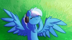 Size: 1024x576 | Tagged: safe, artist:exobass, derpibooru import, oc, oc:exobass, unofficial characters only, pegasus, grass, headphones, image, lying down, music, pegasus oc, png, smiling, stretching, summer, wings