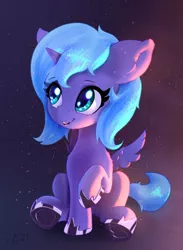 Size: 1712x2335 | Tagged: safe, artist:xbi, derpibooru import, princess luna, alicorn, pony, cute, female, filly, filly luna, gradient background, hoof shoes, image, lunabetes, png, sitting, smiling, solo, sweet dreams fuel, woona, younger