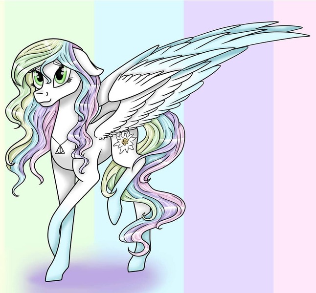 Size: 1080x1003 | Tagged: safe, artist:pony_riart, derpibooru import, oc, unofficial characters only, pegasus, pony, abstract background, image, jewelry, jpeg, necklace, one wing out, pegasus oc, raised hoof, smiling, socks (coat marking), solo, wings