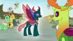 Size: 1920x1080 | Tagged: safe, derpibooru import, screencap, arista, clypeus, frenulum (character), pharynx, thorax, changedling, changeling, to change a changeling, aura, background changeling, image, king thorax, male, png, prince pharynx, spread wings, wings