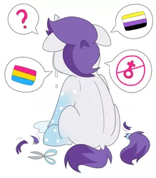 Size: 3505x4000 | Tagged: safe, artist:partylikeanartist, derpibooru import, oc, oc:indigo wire, pony, unicorn, alternate hairstyle, back, confused, crying, dock, facing away, gradient hooves, image, mane cut, nonbinary, nonbinary pride flag, pansexual, pansexual pride flag, png, ponytail, pride, pride flag, question mark, scissors, simple background, solo, white background