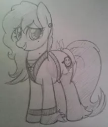 Size: 1001x1173 | Tagged: safe, artist:amgiwolf, derpibooru import, oc, oc:amgi, unofficial characters only, earth pony, pony, clothes, earth pony oc, eyelashes, grayscale, hoof fluff, image, jpeg, monochrome, smiling, solo, traditional art