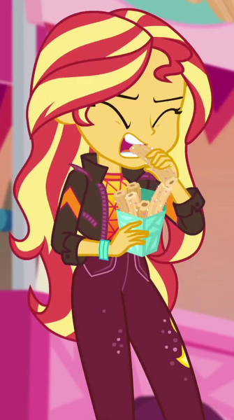 Size: 450x807 | Tagged: safe, derpibooru import, screencap, sunset shimmer, equestria girls, equestria girls series, sunset's backstage pass!, spoiler:eqg series (season 2), biting, churros, cropped, eating, female, food, image, music festival outfit, png, solo