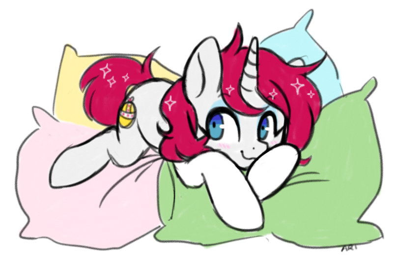 Size: 892x589 | Tagged: safe, artist:hawthornss, derpibooru import, oc, oc:britannia, unofficial characters only, pony, unicorn, things britannia is not allowed to do, b.u.c.k., b.u.c.k. 2016, female, image, lying down, mare, mascot, pillow, png, simple background, solo, white background