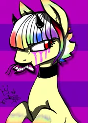 Size: 597x830 | Tagged: safe, artist:amgiwolf, derpibooru import, oc, unofficial characters only, pony, abstract background, bust, choker, crying, eating, horns, image, multicolored hair, png, rainbow hair, signature, solo