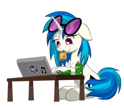 Size: 4000x3500 | Tagged: safe, artist:template93, derpibooru import, vinyl scratch, pony, unicorn, can, chest fluff, chewing, computer, drink, eating, food, glasses, image, laptop computer, pizza, png, simple background, soda, soda can, solo, sticker, table, transparent background