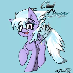 Size: 4500x4500 | Tagged: safe, artist:flywheel, derpibooru import, cloudchaser, pegasus, pony, blue background, chest fluff, ear fluff, eye clipping through hair, female, image, jpeg, looking at you, mare, raised hoof, raised leg, simple background, smiling, smiling at you, solo, two toned wings, wings