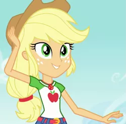 Size: 729x718 | Tagged: safe, derpibooru import, screencap, applejack, equestria girls, equestria girls series, the finals countdown, cropped, female, geode of super strength, image, magical geodes, png, smiling, solo