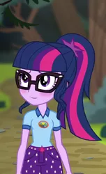 Size: 540x886 | Tagged: safe, derpibooru import, edit, edited screencap, editor:mycarhasamoustache, screencap, sci-twi, twilight sparkle, equestria girls, legend of everfree, blushing, camp everfree outfits, cropped, female, image, png, smile edit, solo