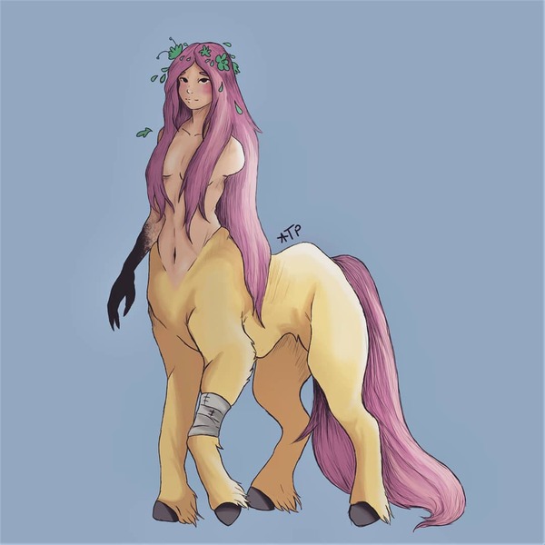 Size: 1080x1080 | Tagged: safe, artist:arietesatp, derpibooru import, fluttershy, centaur, pony, amputee, bandage, blue background, centaurified, female, floral head wreath, flower, godiva hair, image, jpeg, mare, missing arm, signature, simple background, solo, species swap, square, strategically covered, unshorn fetlocks