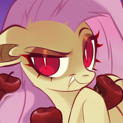 Size: 400x400 | Tagged: safe, artist:switchsugar, banned from derpibooru, deleted from derpibooru, derpibooru import, fluttershy, bat pony, pony, apple, bat ponified, bust, cute, dreamworks face, fangs, female, flutterbat, food, hoof hold, image, looking at you, mare, png, portrait, race swap, red eyes, shyabates, shyabetes, slit eyes, smiling, solo, three quarter view