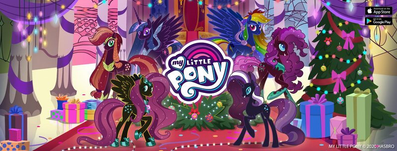 Size: 1920x730 | Tagged: safe, derpibooru import, official, applejack, fluttershy, nightmare rarity, pinkie pie, rainbow dash, rarity, twilight sparkle, alicorn, earth pony, pegasus, pony, unicorn, christmas, christmas tree, ethereal mane, female, gameloft, holiday, image, jpeg, mane six, mare, my little pony logo, nightmare applejack, nightmare fluttershy, nightmare mane 6, nightmare pinkie, nightmare rainbow dash, nightmare twilight, nightmarified, present, starry mane, throne, throne room, tree