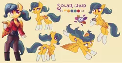 Size: 4096x2119 | Tagged: safe, artist:saxopi, derpibooru import, oc, oc:solar wind, unofficial characters only, pegasus, pony, semi-anthro, image, jpeg, reference sheet, socks (coat marking), solo