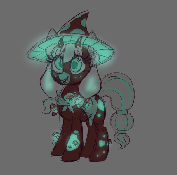 Size: 655x649 | Tagged: safe, alternate version, artist:confetticakez, derpibooru import, oc, unofficial characters only, pony, cape, clothes, glow, hat, horns, image, mushroom, png, smiling, solo, wizard hat