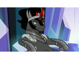 Size: 320x240 | Tagged: safe, derpibooru import, edit, edited screencap, screencap, king sombra, pony, unicorn, the beginning of the end, animated, antagonist, armor, bedroom eyes, black mane, cape, caption, clothes, crown, crystal, crystal empire, curved horn, dialogue, evil, evil grin, flirty, flowing mane, funny, gif, glowing eyes, green eyes, grin, horn, image, image macro, jewelry, lounging, male, meme, red eyes, red horn, regalia, sharp teeth, smiling, solo, stallion, stupid sexy sombra, teeth, text, throne, throne room