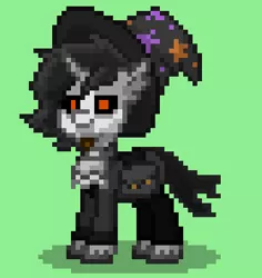 Size: 336x356 | Tagged: safe, derpibooru import, oc, oc:author kvas, pony, unicorn, ashes town, clothes, costume, glowing eyes, green background, halloween, hat, holiday, image, other design, png, simple background, skeleton costume, solo, spooky