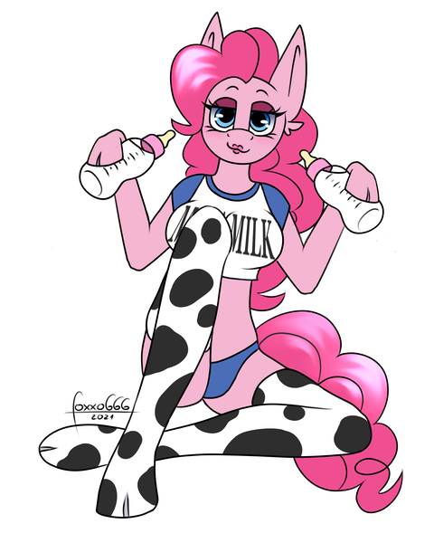 Size: 2000x2500 | Tagged: suggestive, artist:foxxo666, derpibooru import, pinkie pie, anthro, unguligrade anthro, baby bottle, big breasts, breasts, busty pinkie pie, clothes, cowprint, dominatrix, female, image, makeup, mega milk, meme, milk, mom, png, sexy, socks, stockings, thigh highs