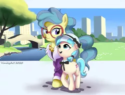 Size: 921x702 | Tagged: safe, artist:vinilyart, derpibooru import, charity kindheart, coco pommel, earth pony, pony, made in manehattan, bowtie, cute, duo, female, filly, glasses, hat, image, looking at each other, mare, png, smiling, string tie, younger