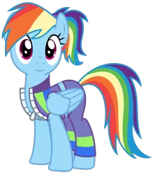 Size: 1500x1688 | Tagged: safe, artist:sketchmcreations, derpibooru import, rainbow dash, pegasus, pony, alternate hairstyle, buckball fan gear rainbow dash, clothes, cute, dashabetes, female, gameloft, gameloft interpretation, image, jacket, looking at you, mare, pants, png, ponytail, simple background, smiling, sports bra, sweatpants, transparent background, vector
