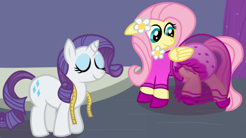 Size: 2400x1350 | Tagged: questionable, artist:sweetielover, derpibooru import, fluttershy, rarity, boutique, clothes, diaper, diaper fetish, dress, eyes closed, fetish, flower, flower in hair, image, measuring tape, png, poofy diaper, shoes, smiling