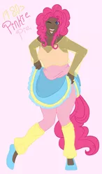 Size: 847x1449 | Tagged: safe, artist:oukiee, derpibooru import, pinkie pie, human, 80s, clothes, dark skin, female, humanized, image, one eye closed, open mouth, png, see-through, see-through top, shoes, simple background, skirt, skirt lift, smiling, solo, wink