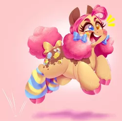 Size: 1280x1274 | Tagged: safe, artist:physisinwonderland, derpibooru import, pinkie pie, earth pony, pony, bow, colored hooves, female, gradient background, hair bow, heterochromia, image, jpeg, leg warmers, mare, pronking, redesign, solo, tail bow