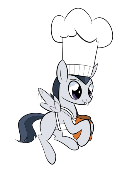 Size: 800x1067 | Tagged: safe, artist:casualcolt, derpibooru import, rumble, pegasus, pony, apron, chef, chef's hat, clothes, colt, costume, fangs, flying, halloween, halloween costume, hat, holiday, image, male, png, simple background, smiling, solo, spread wings, transparent background, wings