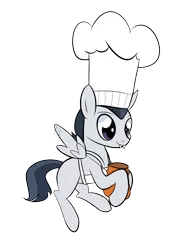Size: 800x1067 | Tagged: safe, artist:casualcolt, derpibooru import, rumble, pegasus, pony, apron, chef, chef's hat, clothes, colt, costume, fangs, flying, halloween, halloween costume, hat, holiday, image, male, png, simple background, smiling, solo, spread wings, transparent background, wings