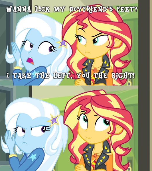 Size: 640x720 | Tagged: suggestive, derpibooru import, edit, edited screencap, editor:grapefruitface, screencap, sunset shimmer, trixie, human, equestria girls, equestria girls series, forgotten friendship, 2 panel comic, caption, comic, feet, fetish, foot fetish, image, image macro, implied foot fetish, implied group sex, implied licking, implied sex, implied threesome, planning, png, text