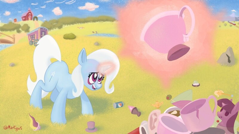 Size: 1280x720 | Tagged: safe, artist:sugoisinc, derpibooru import, trixie, pony, unicorn, cup, female, image, jpeg, magic, mare, solo, teacup, trixie's wagon, wagon