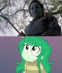 Size: 615x721 | Tagged: semi-grimdark, derpibooru import, edit, edited screencap, screencap, wallflower blush, equestria girls, equestria girls series, forgotten friendship, crossover, frightened, halloween (movie), image, michael myers, png, scared