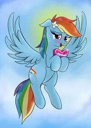 Size: 2480x3508 | Tagged: safe, artist:eel's stuff, derpibooru import, rainbow dash, pegasus, pony, blushing, cute, dashabetes, flower, flower in hair, flying, hearts and hooves day, image, implied anon, looking at you, png, sky, spread wings, wings