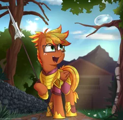 Size: 5100x5000 | Tagged: safe, artist:felixf, derpibooru import, oc, oc:blaze fury, oc:slimey, unofficial characters only, pegasus, pony, slime monster, abstract background, armor, disguise, duo, flower, glasses, grass, image, pathway, png, royal guard, slime, slime ball, spear, sunshine, town, village, weapon