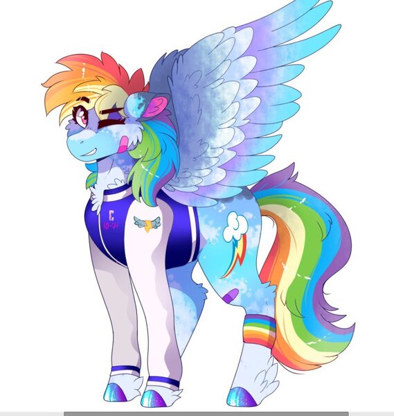 Size: 833x878 | Tagged: safe, artist:aaa-its-spook, derpibooru import, rainbow dash, pegasus, pony, alternate hairstyle, backwards cutie mark, bandaid, chest fluff, clothes, female, image, jersey, jpeg, leg warmers, mare, one eye closed, redesign, simple background, solo, unshorn fetlocks, white background, wink