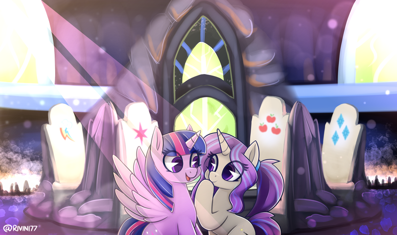 Size: 4500x2658 | Tagged: safe, artist:rivin177, derpibooru import, twilight sparkle, twilight sparkle (alicorn), oc, oc:krya, alicorn, pony, unicorn, cutie map, duo, face to face, image, png, spread wings, throne room, twilight's castle, wings