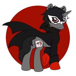 Size: 800x800 | Tagged: safe, artist:perfectpinkwater, derpibooru import, ponified, pony, unicorn, card, clothes, crossover, gloves, image, jacket, joker (persona), male, mask, persona, persona 5, png, red eyes, ren amamiya, simple background, solo, stallion, super smash bros., super smash bros. ultimate, transparent background