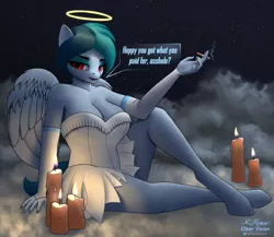 Size: 4348x3775 | Tagged: suggestive, artist:clear vision, derpibooru import, oc, oc:delta vee, anthro, pegasus, pony, unguligrade anthro, art pack:milfs of the night, angel costume, annoyed, big breasts, breasts, busty delta vee, candle, cigarette, cleavage, clothes, cloud, costume, crossed legs, dialogue, dress, evening gloves, female, fingerless elbow gloves, fingerless gloves, gloves, halloween, halloween costume, halo, holiday, image, long gloves, looking at you, mare, milf, on a cloud, png, sitting, sitting on cloud, smoking, solo, solo female, speech bubble