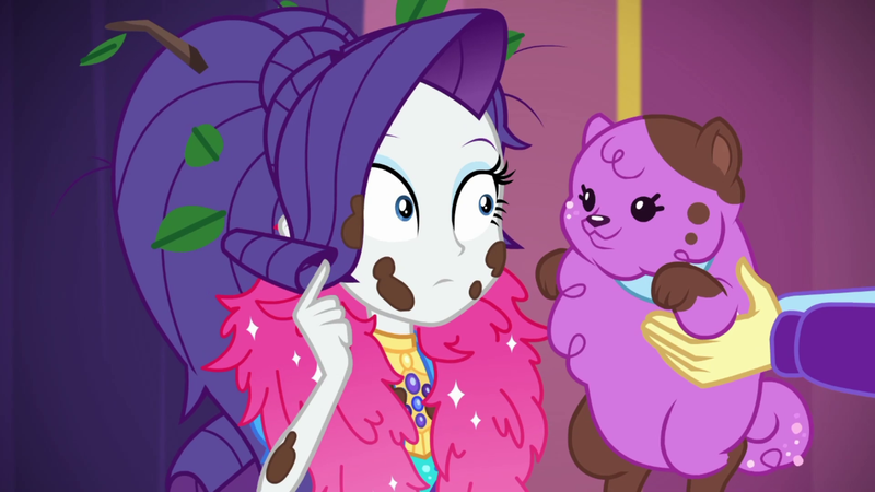 Size: 1920x1080 | Tagged: safe, derpibooru import, screencap, princess thunder guts, rarity, supernova zap, dog, equestria girls, equestria girls series, lost and pound, spoiler:eqg series (season 2), feather boa, female, image, mud, muddy, offscreen character, png, su-z