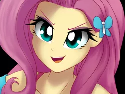Size: 1221x916 | Tagged: safe, artist:astevenamedwolf, derpibooru import, fluttershy, equestria girls, equestria girls series, black background, bust, evil grin, female, grin, hair accessory, image, jpeg, looking at you, open mouth, portrait, simple background, smiling, smirk, solo