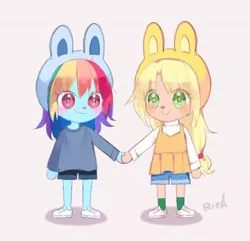 Size: 640x617 | Tagged: safe, artist:ried, derpibooru import, applejack, rainbow dash, human, animal crossing, animal crossing: new horizons, appledash, blush sticker, blushing, bunny ears, chibi, cute, dashabetes, female, holding hands, humanized, image, jackabetes, jpeg, jumper, lesbian, shipping, sweatshirt